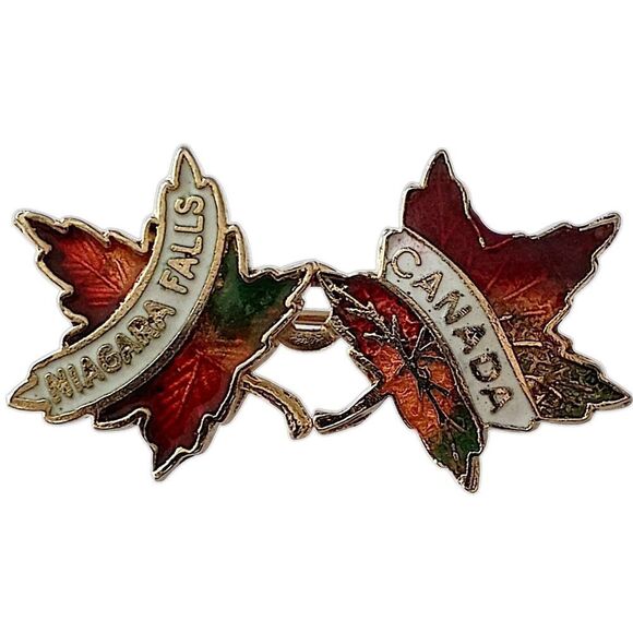 Vintage Niagra Falls Canada Pin Brooch Souvenir Double Maple Leaf Enamel Tourist - Picture 4 of 11